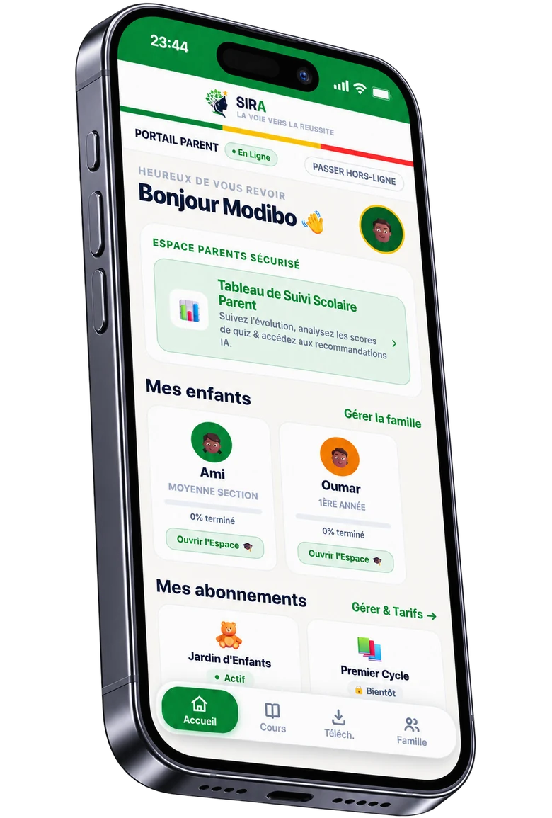 Le tableau de bord parent de SIRA : progression de chaque enfant et abonnements